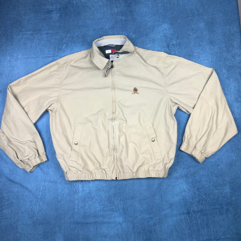 Tommy Hilfiger Mens Harrington Jacket Tan Khaki Full Zip Crest Logo L